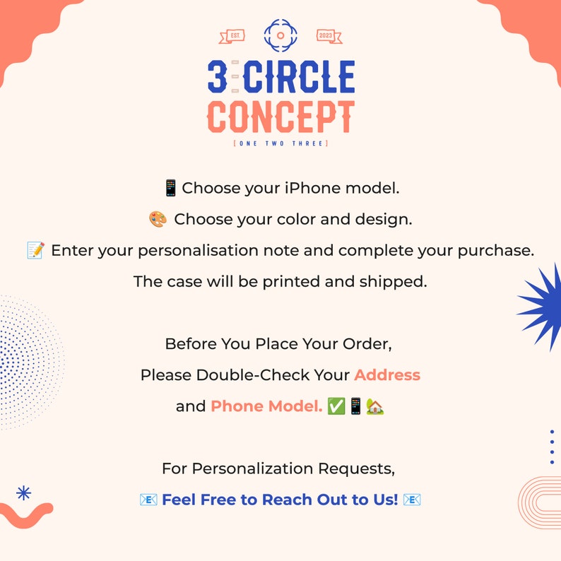 May include: A white background with blue and red accents. The text "3 CIRCLE CONCEPT" is in blue with the words "ONE TWO THREE" in smaller font below. The text "Choose your iPhone model." is in black with a small black icon of a phone. The text "Choose your color and design." is in black with a small icon of a paintbrush and palette. The text "Enter your personalisation note and complete your purchase. The case will be printed and shipped." is in black with a small icon of a notepad and pen. The text "Before You Place Your Order, Please Double-Check Your Address and Phone Model." is in black with a checkmark icon, a house icon, and a phone icon. The text "For Personalization Requests, Feel Free to Reach Out to Us!" is in black with a small icon of an envelope.