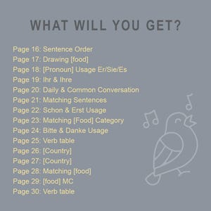 Puede incluir: Gr&aacute;fico gris con el texto &laquo;&nbsp;WHAT WILL YOU GET?&nbsp;&raquo; y una lista de temas que incluyen el orden de las frases, dibujos de comida, pronombres y conversaciones diarias. Un dibujo lineal de un p&aacute;jaro con notas musicales est&aacute; a la derecha.