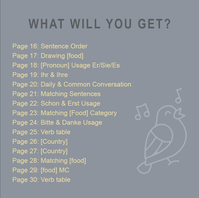 Puede incluir: Gr&aacute;fico gris con el texto &laquo;&nbsp;WHAT WILL YOU GET?&nbsp;&raquo; y una lista de temas que incluyen el orden de las frases, dibujos de comida, pronombres y conversaciones diarias. Un dibujo lineal de un p&aacute;jaro con notas musicales est&aacute; a la derecha.