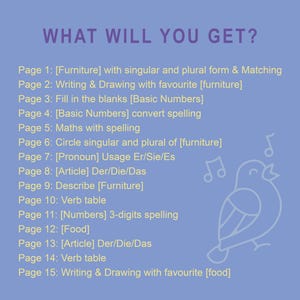 Puede incluir: Una hoja de trabajo educativa azul claro titulada "WHAT WILL YOU GET?" con una ilustraci&oacute;n de p&aacute;jaro y notas musicales. La hoja de trabajo incluye p&aacute;ginas sobre muebles, n&uacute;meros, ortograf&iacute;a, pronombres, art&iacute;culos y comida.