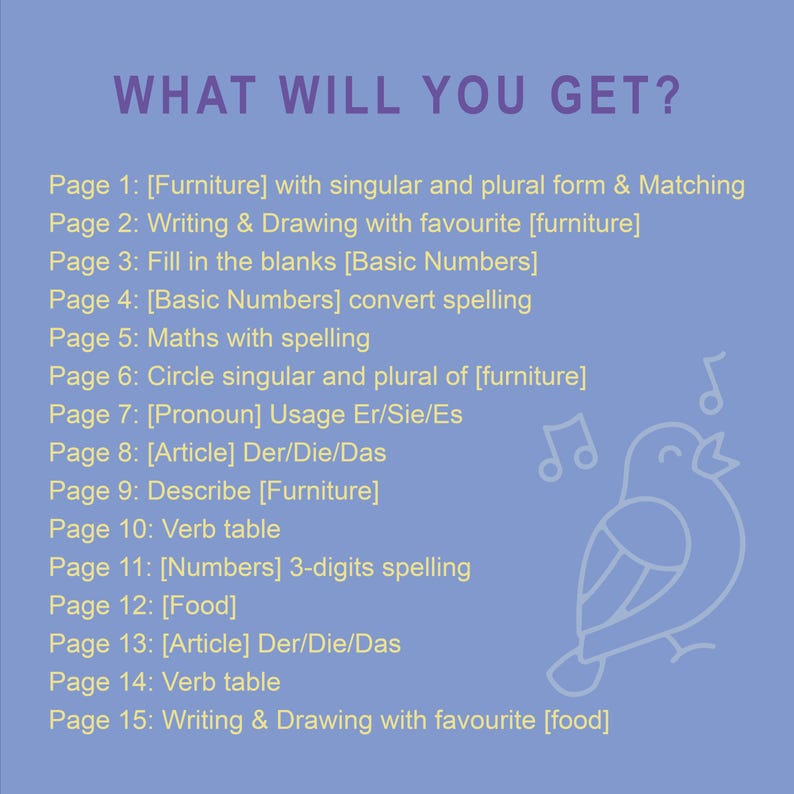Puede incluir: Una hoja de trabajo educativa azul claro titulada "WHAT WILL YOU GET?" con una ilustraci&oacute;n de p&aacute;jaro y notas musicales. La hoja de trabajo incluye p&aacute;ginas sobre muebles, n&uacute;meros, ortograf&iacute;a, pronombres, art&iacute;culos y comida.