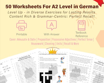 Puede incluir: Un conjunto de hojas de trabajo en alemán para estudiantes de nivel A2. La imagen muestra el texto "50 Worksheets For A2 Level in German" e incluye temas como tareas domésticas, limpieza y gramática. Las hojas de trabajo buscan resultados duraderos.