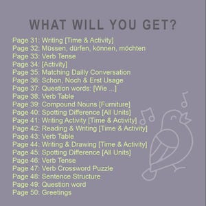 May include: A purple-gray graphic with the text "WHAT WILL YOU GET?" and a list of topics including writing, verb tense, and conversation. A decorative bird and musical notes are in the lower right corner.