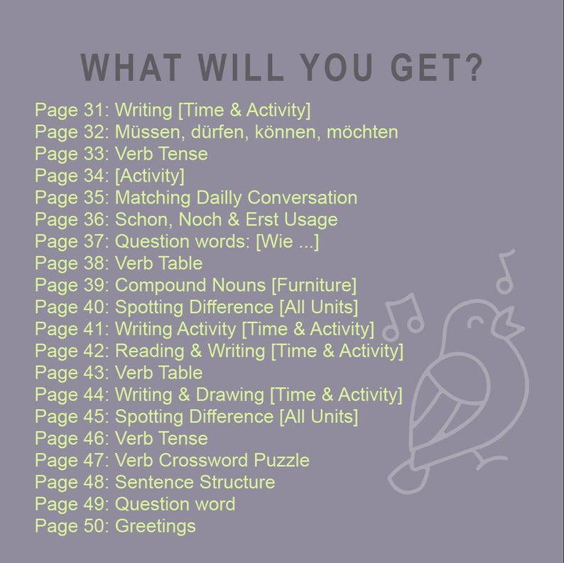 May include: A purple-gray graphic with the text "WHAT WILL YOU GET?" and a list of topics including writing, verb tense, and conversation. A decorative bird and musical notes are in the lower right corner.