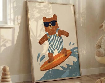 Surfing Bear Nursery Wall Art, Retro Cute Bear Poster, Coastal Kids Room Decor, Vintage Surf Print, Beach Playroom Printable Art