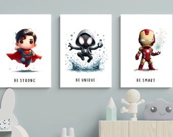 Set of 3 Superhero Wall Art, Be Unique, Be Strong, Be Smart, Superhero Nursery Wall Art, Toddler Wall Art, Superhero Poster, Boys Room Decor