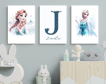 Set of 3 Custom Frozen Nursery Wall Art Print, Personalized Name Frozen Nursery Decor, Nursery Kids Room Decor, Anna and Elsa Nursery Poster