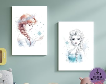 May include: Two digital prints of watercolor illustrations of Disney's Frozen princesses, Anna and Elsa. The prints are set against a light blue wall in a child's room.
