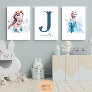 Set of 3 Custom Frozen Nursery Wall Art Print, Personalized Name Frozen Nursery Decor, Nursery Kids Room Decor, Anna and Elsa Nursery Poster