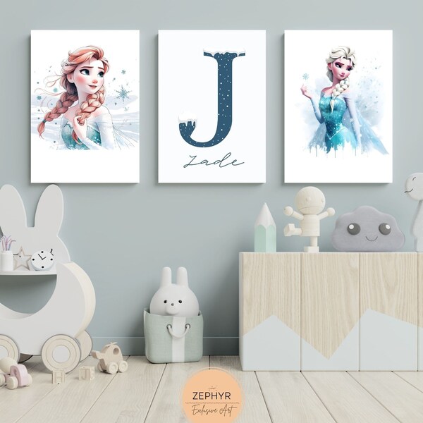 Lot de 3 impressions d'art murales personnalisées La Reine des neiges, prénom personnalisé, décoration de chambre d'enfants La reine des neiges, décoration de chambre d'enfants, affiche de chambre d'enfant Anna et Elsa