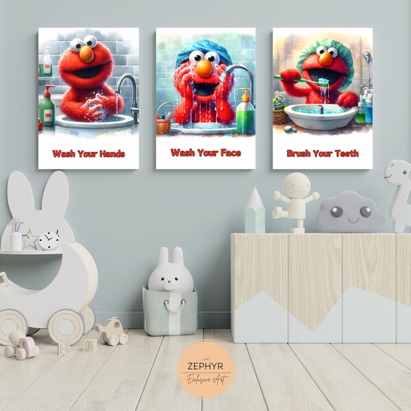 Set of 3 Elmo Kids Bathroom Wall Art, Elmo Bathroom Decor, Bathroom Decor, Exclusive Elmo Wall Art, Elmo Prints, Elmo Posters, Elmo Wall Art