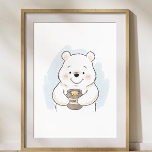 Teddy Bear Nursery Printable Wall Art, Bear Kids Room Wall Art, Cute Bear Watercolor Poster, Cute White Bear Decor, Cute Fat Bear with Honey