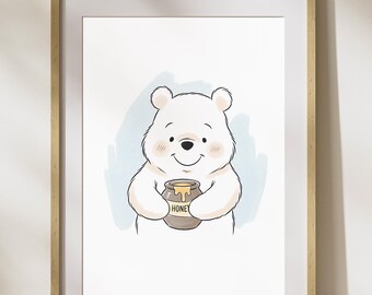 Teddy Bear Nursery Printable Wall Art, Bear Kids Room Wall Art, Cute Bear Watercolor Poster, Cute White Bear Decor, Cute Fat Bear with Honey
