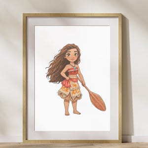 Printable Princess Watercolor Kid Wall Art, Cute Princess Hand Drawn Poster, Girl Looks Like Moana Print, Princess Themed Girl Room Wall Art