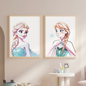 Juego de 2 impresiones de arte de pared para guardería de Frozen, decoración de guardería de Frozen, decoración de habitación infantil para guardería, póster de Anna y Elsa para guardería, pósteres de Anna y Elsa