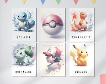 Zestaw 6 akwarelowych Pokemonów na ścianę, Pikachu, Bulbasaur, Charmander, Squirtle, słodkie Pokemony, dekoracje ścienne dla dzieci, zestaw Pokemonów, sztuka ścienna do pokoju dziecięcego