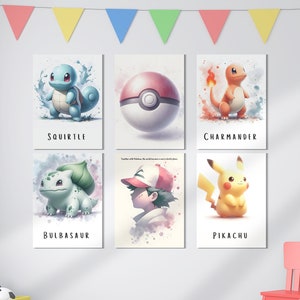 May include: Six colourful illustrations of Pokemon characters, including Pikachu, Charmander, Squirtle, Bulbasaur, and a Pokeball. The illustrations are framed and displayed on a white wall.