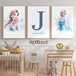Set di 3 stampe artistiche da parete personalizzate per la cameretta dei bambini Frozen, decorazioni per la cameretta dei bambini Frozen con nome personalizzato, decorazioni per la cameretta dei bambini, poster per la cameretta dei bambini Anna ed Elsa
