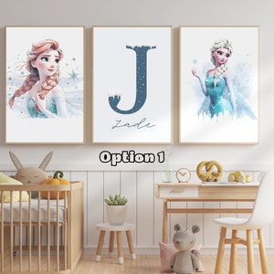 Set of 3 Custom Frozen Nursery Wall Art Print, Personalized Name Frozen Nursery Decor, Nursery Kids Room Decor, Anna and Elsa Nursery Poster