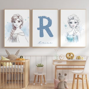 Set di 3 stampe artistiche da parete personalizzate per la cameretta dei bambini Frozen, decorazioni per la cameretta dei bambini Frozen con nome personalizzato, decorazioni per la cameretta dei bambini, poster per la cameretta dei bambini Anna ed Elsa