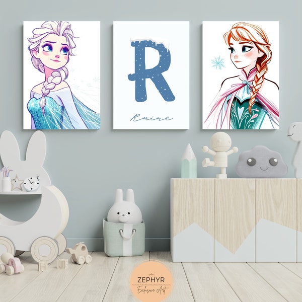 Set of 3 Custom Frozen Nursery Wall Art Print, Personalized Name Frozen Nursery Decor, Nursery Kids Room Decor, Anna and Elsa Nursery Poster