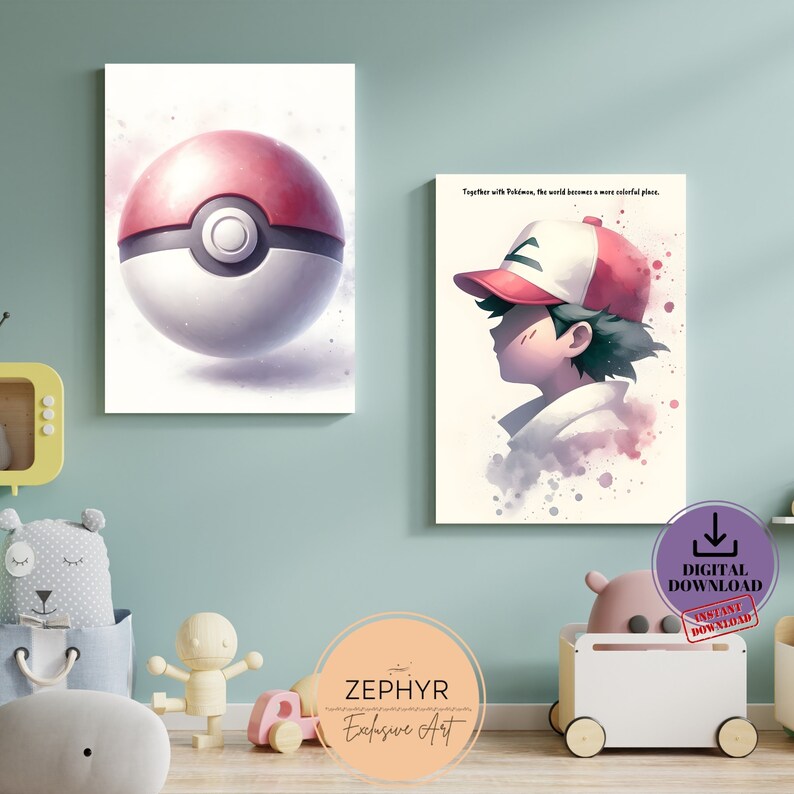 May include: Two watercolour illustrations of a Pokemon character. The first illustration is a red and white Pokeball. The second illustration is a profile of a character wearing a red and white baseball cap and a white shirt. The text "Together with Pokemon, the world becomes a more colourful place." is in the background of the second illustration.