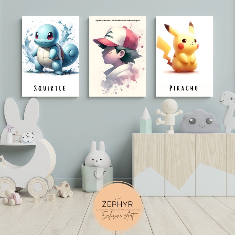 May include: Three watercolour paintings of Pokemon characters. The first painting is of Squirtle, a blue turtle Pokemon with a blue and white background. The second painting is of Pikachu, a yellow mouse Pokemon with a yellow and white background. The third painting is of a trainer with a red cap and a blue and white background. The text "Together with Pikachu, the world became a more colourful place." is at the top of the painting.