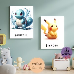 May include: Two digital art prints featuring Pokemon characters. The print on the left features Squirtle, a blue turtle Pokemon, with water splashing around it. The print on the right features Pikachu, a yellow electric mouse Pokemon, with a white background. Both prints have the Pokemon's name written below the image.