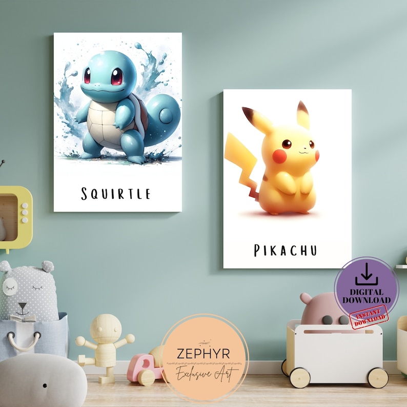 May include: Two digital art prints featuring Pokemon characters. The print on the left features Squirtle, a blue turtle Pokemon, with water splashing around it. The print on the right features Pikachu, a yellow electric mouse Pokemon, with a white background. Both prints have the Pokemon's name written below the image.