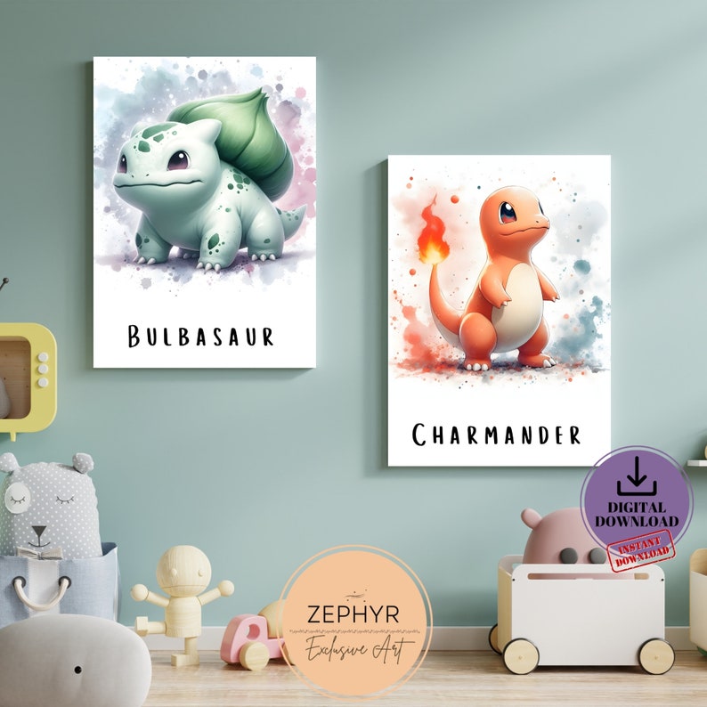 May include: Two watercolour illustrations of Pokemon characters. The first image features Bulbasaur, a green, plant-like Pokemon with a large bulb on its back. The second image features Charmander, an orange, fire-type Pokemon with a flame on its tail. Both images have a watercolour background with splashes of colour.
