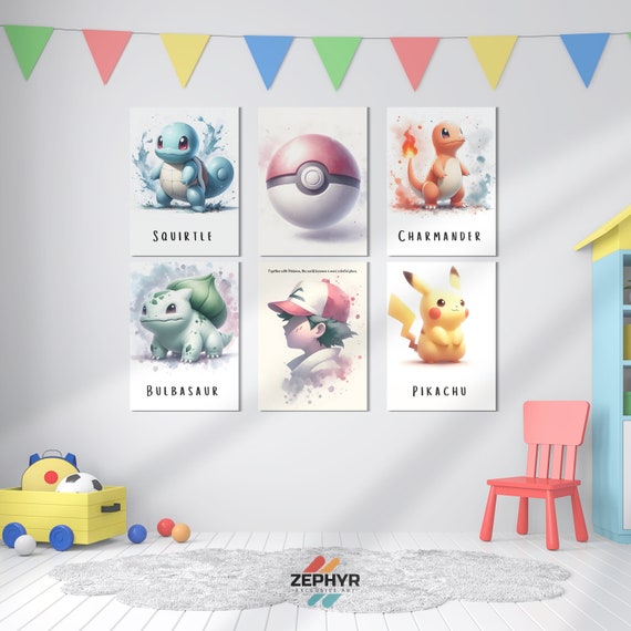 Set of 6 Watercolor Pokemon Wall Art, Pikachu, Bulbasaur, Charmander, Squirtle, Cute Pokemon, Kid Wall Decor, Pokemon Set, Nursery Wall Art