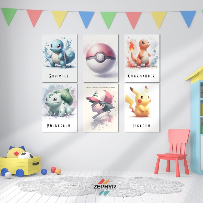 May include: Six colourful illustrations of Pokemon characters, including Pikachu, Charmander, Squirtle, Bulbasaur, and a Pokeball. The illustrations are framed and displayed on a white wall.