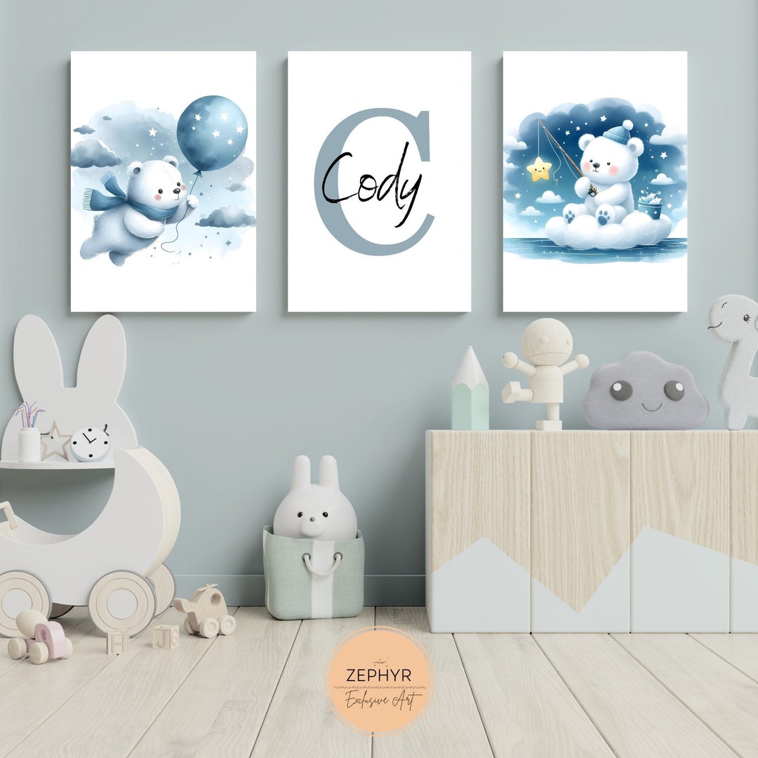 Set of 3 Custom Bear Nursery Wall Art Print, Personalised Name Bear ...