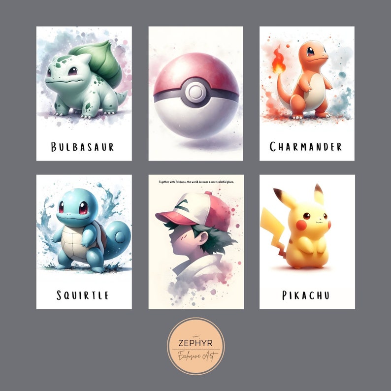 May include: A set of six watercolour illustrations featuring the original 151 Pokemon. The illustrations are in a minimalist style with a white background and a light watercolour wash. The Pokemon featured are Bulbasaur, Charmander, Squirtle, Pikachu, a Pokeball, and a trainer.