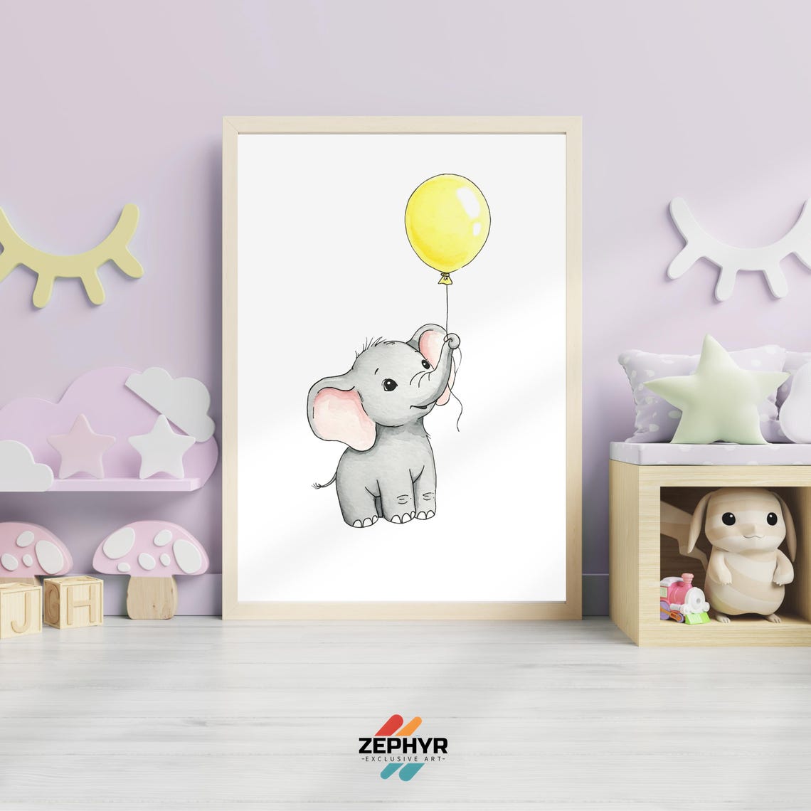 Watercolor Elephant With Balloon Print: Nursery Wall Art (digital ...