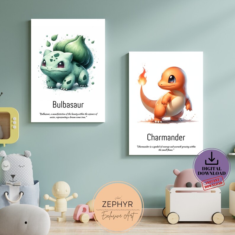 Set of 3 Watercolor Pokemon Wall Art, Pikachu, Bulbasaur, Charmander