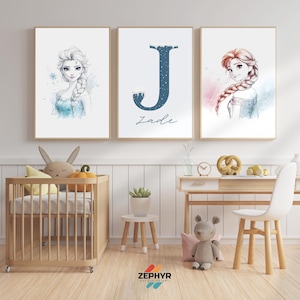 Set of 3 Custom Frozen Nursery Wall Art Print, Personalized Name Frozen Nursery Decor, Nursery Kids Room Decor, Anna and Elsa Nursery Prints
