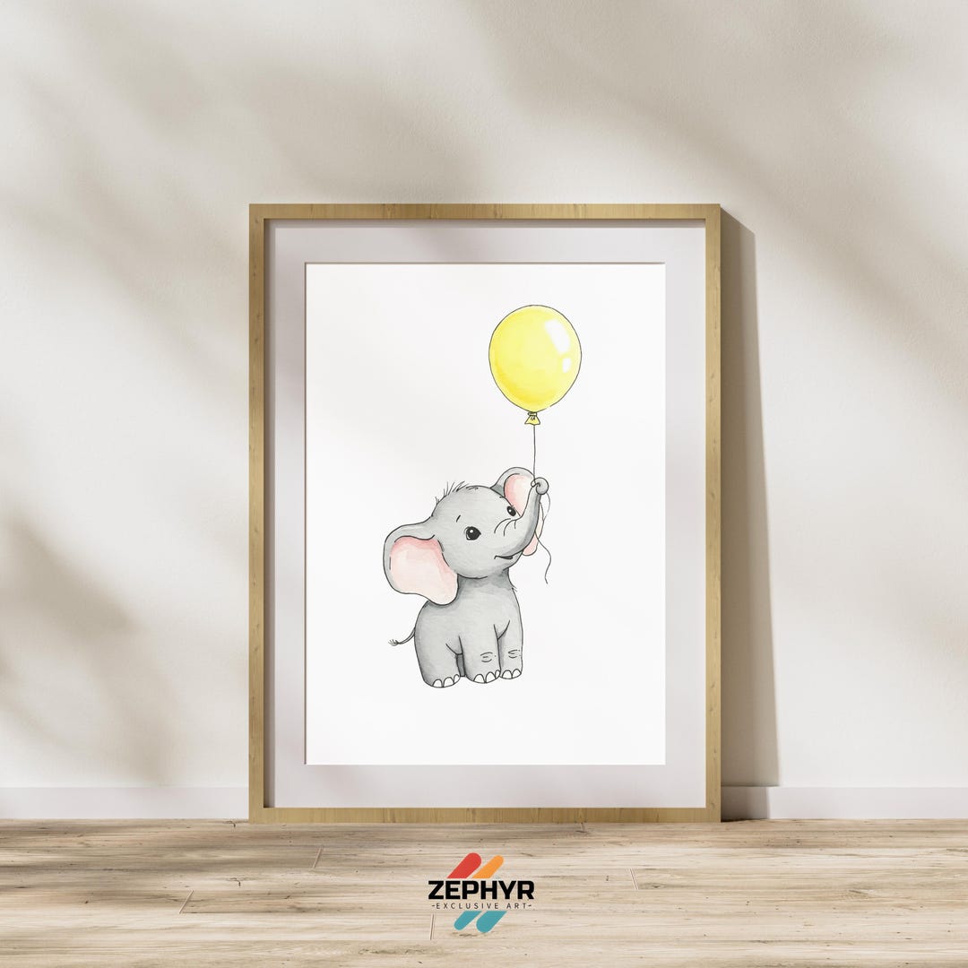 Watercolor Elephant With Balloon Print: Nursery Wall Art (digital ...