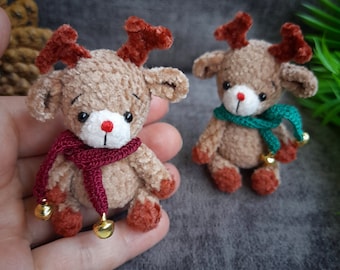 Tiny plush stuffed deer with scarf. Cute small teddy collectible reindeer. Mini plush pet. Christmas, New Year, Birthday Gift for friends.