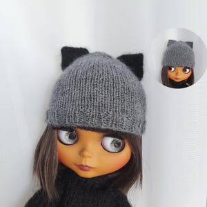 Hat with cat-ears for Blythe doll 12 inches. Winter warmer knitted doll clothes. Blythe clothes. Doll stylish accessory. Gift for friends.
