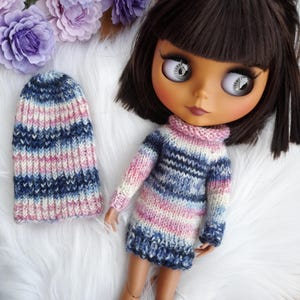 Blythe doll clothes, outfit 12&quot;. Hand knit hat and sweater dress. Blythe multicolored basic clothes. Blythe stylish winter, autumn accessory