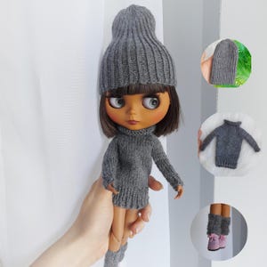 Blythe outfit 12 inch. Hand knit hat, sweater-dress and gaiters. Blythe Fashionable basic clothes. Blythe stylish winter, autumn accessory.