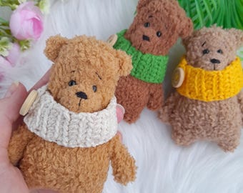 Pocket  bear in scarf, Little plushie soft teddy, Amigurumi small handmade stuffed bear, Birthday gift for friends, granddaughter, daughter.
