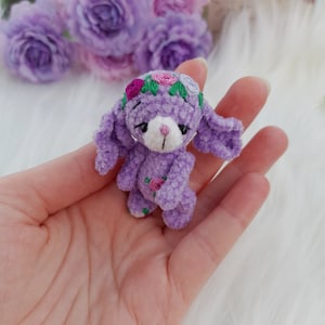 Tiny plush bunny toy with embroidered flowers. Pocket pet friend. Artist teddy. Cute little lilac bunny for Blythe doll. Tiny mini animal