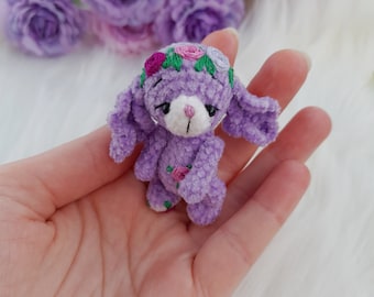 Tiny plush bunny toy with embroidered flowers. Pocket pet friend. Artist teddy. Cute little lilac bunny for Blythe doll. Tiny mini animal