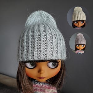 Hat for blythe 12 inches blue, yellow mini Beanie. Basic winter warmer hat for doll. Mini  Knitted bonnet. Blythe pointed hat. Doll clothes.