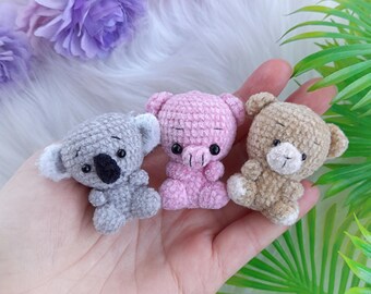 Mini stuffed plushie animal koala, pig, teddy bear toy. Crochet cute small koala, little pig, tiny bear. Birthday, Christmas Gift for friend