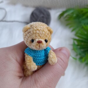 Miniature plush teddy bear 2&quot; in T-shirt. Little plushie pet. Tiny cute stuffed yellow teddy bear. Mini animal. Birthday gift for friends.