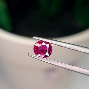 Puede incluir: Una gema de rubí de corte ovalado vibrante con tonos rojos intensos y superficies multifacéticas, sostenida de forma segura por unas pinzas de metal plateado. La gema muestra claridad interna y reflejo de luz en sus facetas pulidas.
