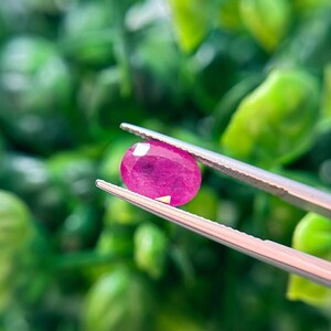May include: A vibrant, oval-cut magenta gemstone held by silver-toned metal tweezers. The stone features a faceted surface that reflects light, showcasing a deep pinkish-red hue with visible internal inclusions and a polished, translucent appearance.